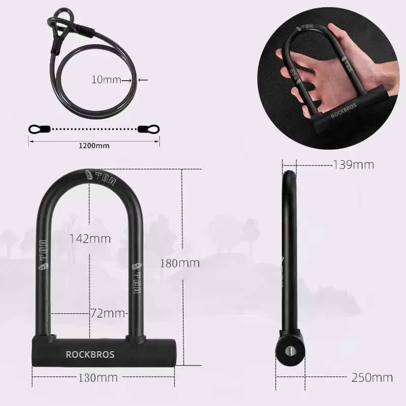 Black ROCKBROS U-shape bicycle lock and cable set with white Chinese character graphics and dimension measurements.