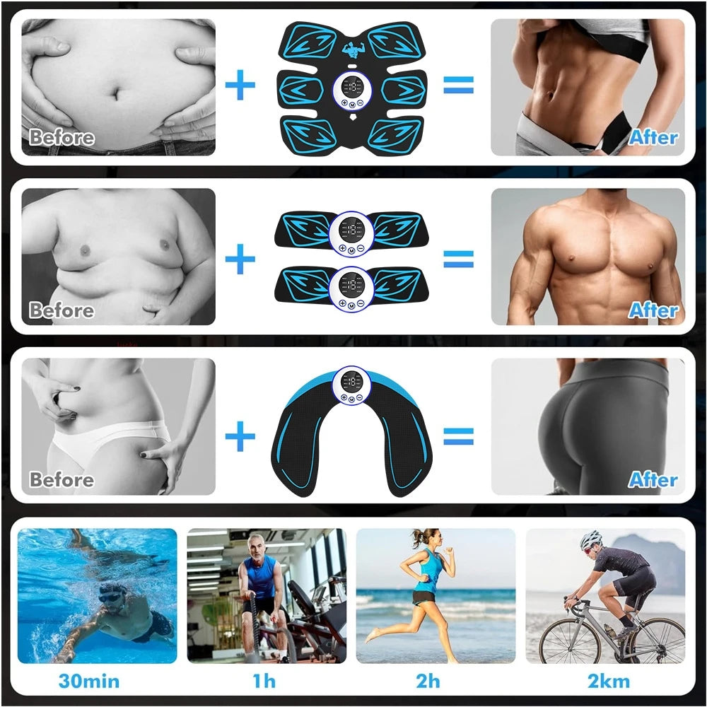 Black and blue EMS muscle stimulator pads with digital control panels, shown with before and after fitness results.