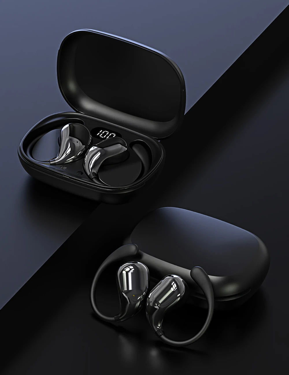 Shiny black ear-hook wireless earbuds with a digital battery display inside their open matte charging case.