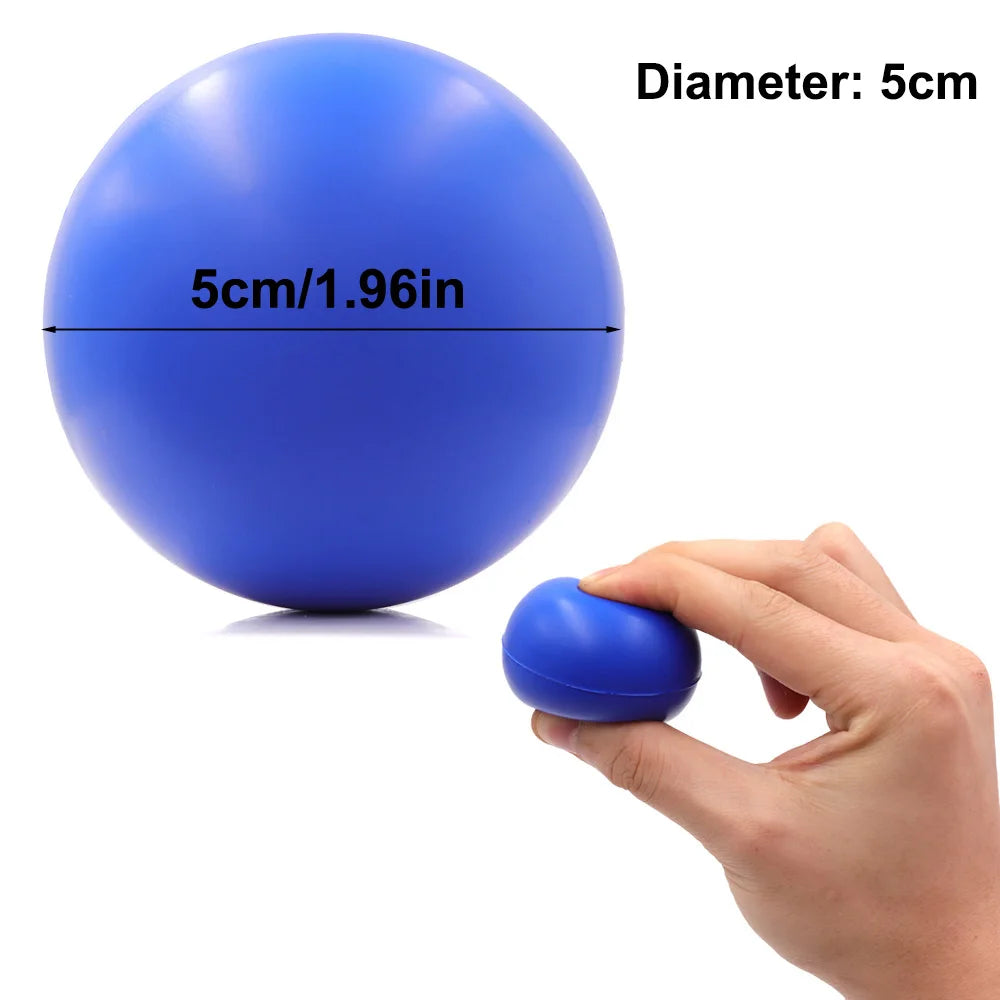 A hand squeezing a small blue stress ball, with a text overlay indicating a 5cm diameter.