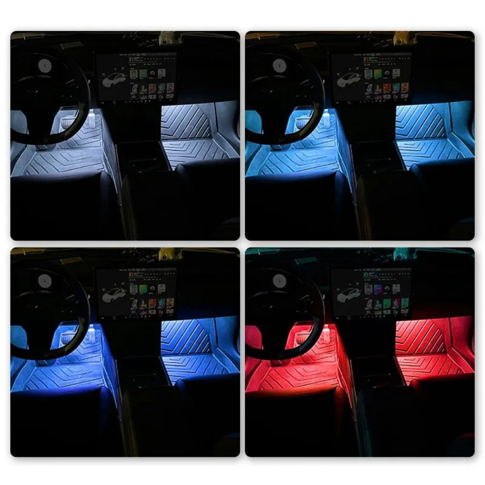 Four-panel view of car interior footwell strips glowing in white, light blue, dark blue, and red neon colors.