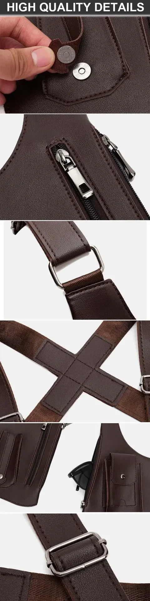 Close-up details of a dark brown tactical crossbody bag showing magnetic fasteners, secure zips, and adjustable straps.