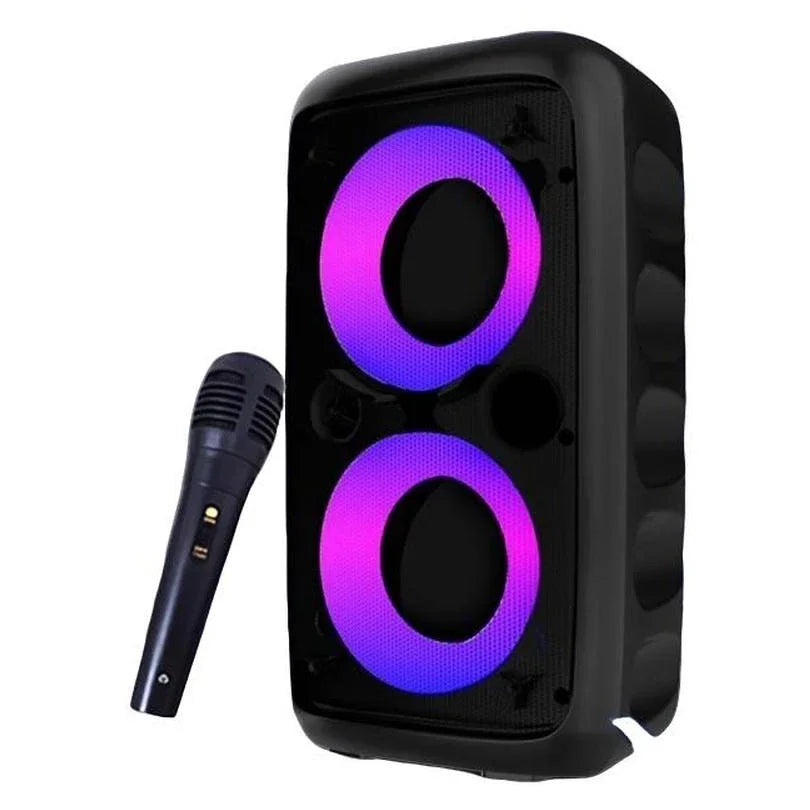 Black portable Bluetooth karaoke speaker featuring dual glowing purple LED ring lights and a matching handheld microphone.