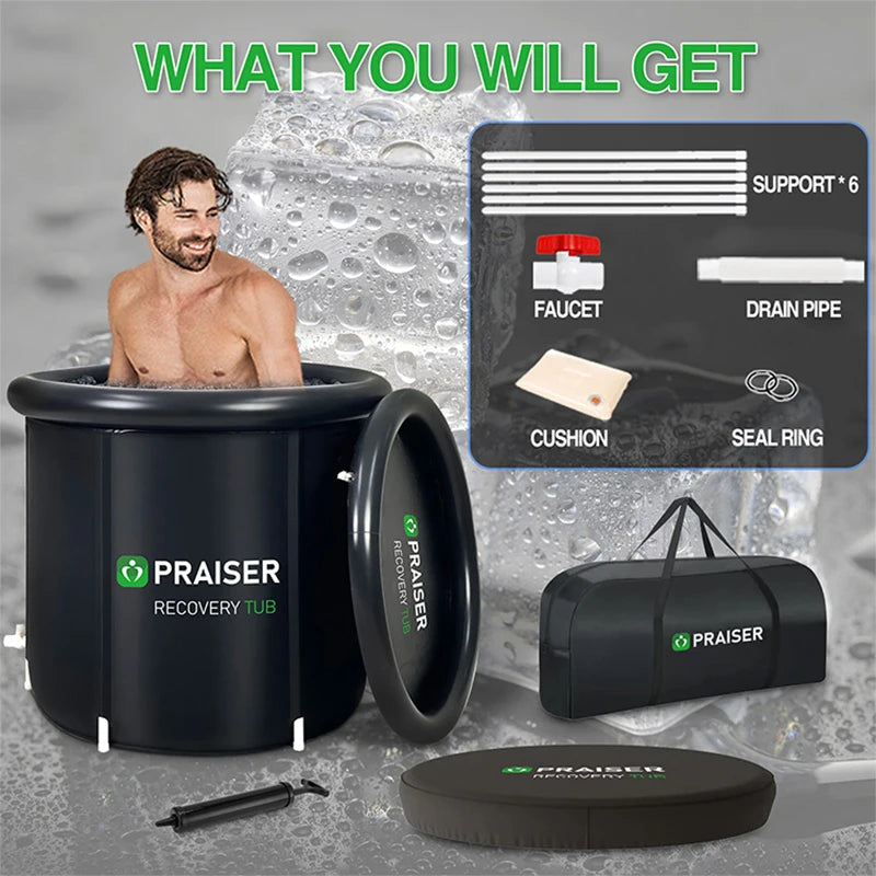 A black Praiser recovery tub with included accessories, ice block, and a man sitting in it.