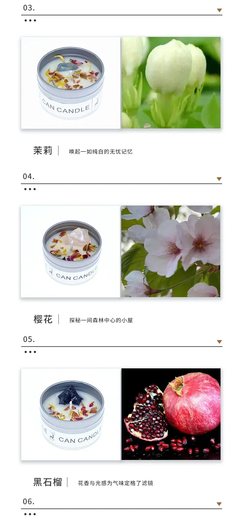 Set of three tin-style scented candles with dried flowers and crystals, featuring jasmine, cherry blossom, and pomegranate.