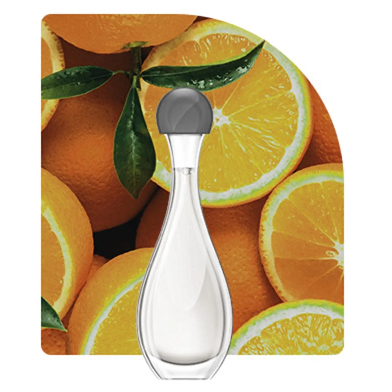 Clear, teardrop-shaped glass perfume bottle with a grey cap, set against a vibrant background of fresh sliced oranges.