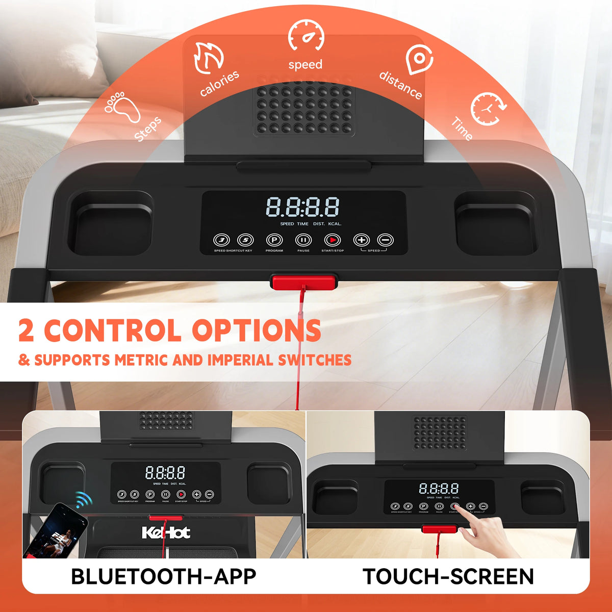 Treadmill console showing steps, calories, speed, distance, and time with Bluetooth and touch-screen control options.