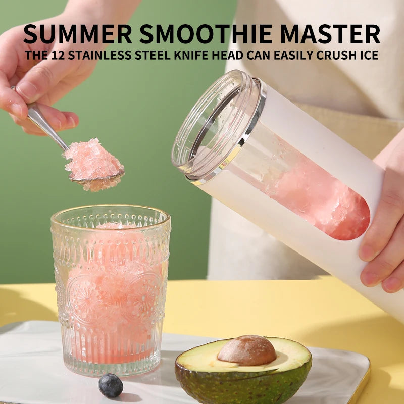 White portable blender pouring crushed ice into a decorative glass, next to a halved avocado.