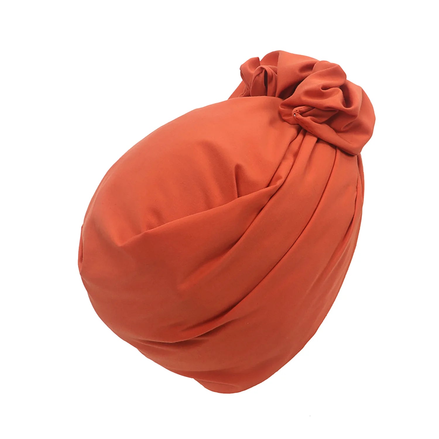 Rust-orange vintage-style turban hat with a gathered knotted detail at the front, shown against a white background.