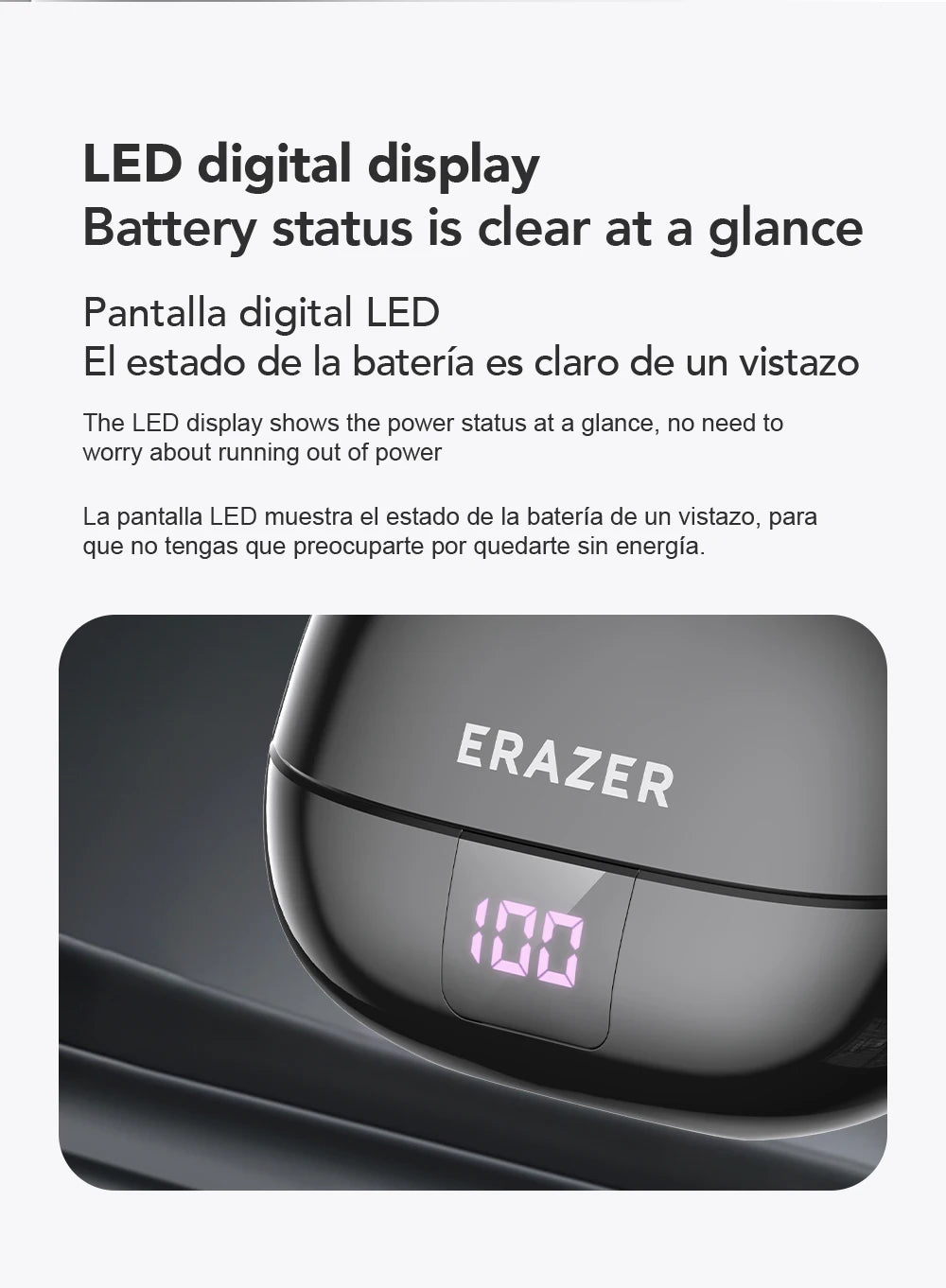 Glossy black wireless earbud charging case with a digital LED battery percentage display.