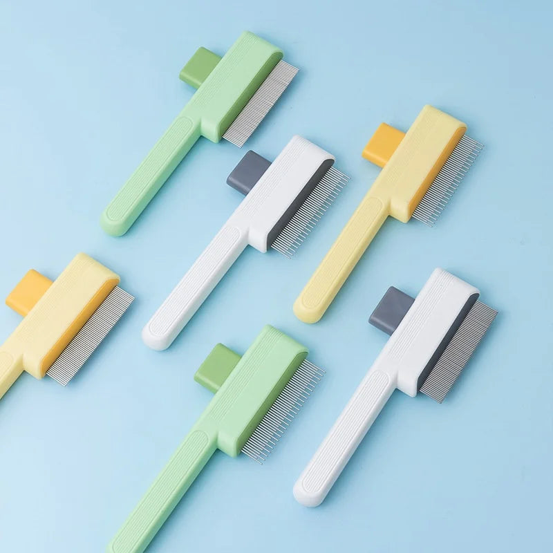 Six pet grooming de-shedding brushes in pastel green, yellow, and white with metal teeth, arranged on a blue background.