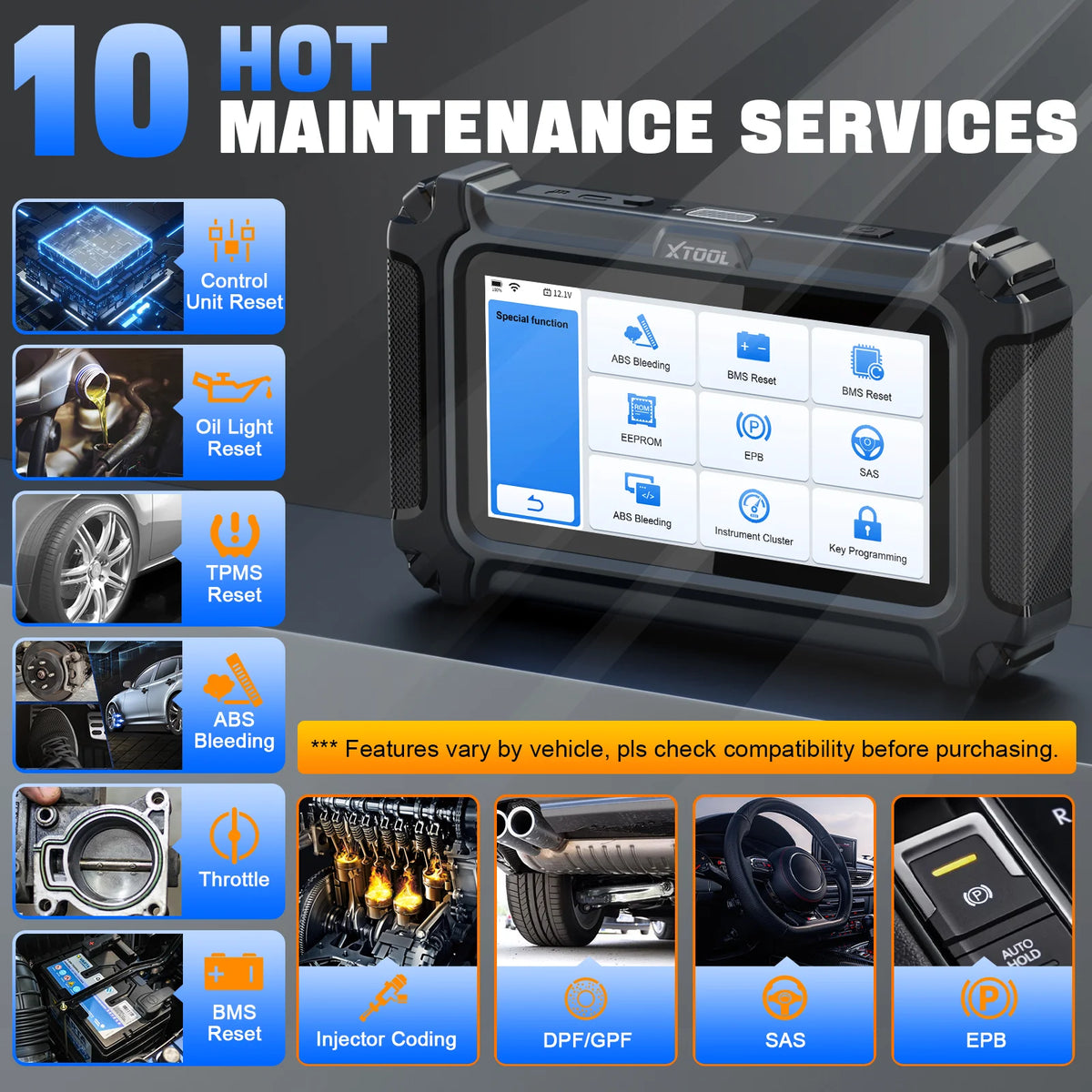 Black XTOOL D5 OBD2 diagnostic scanner with touchscreen displaying maintenance menus and surrounding icons.