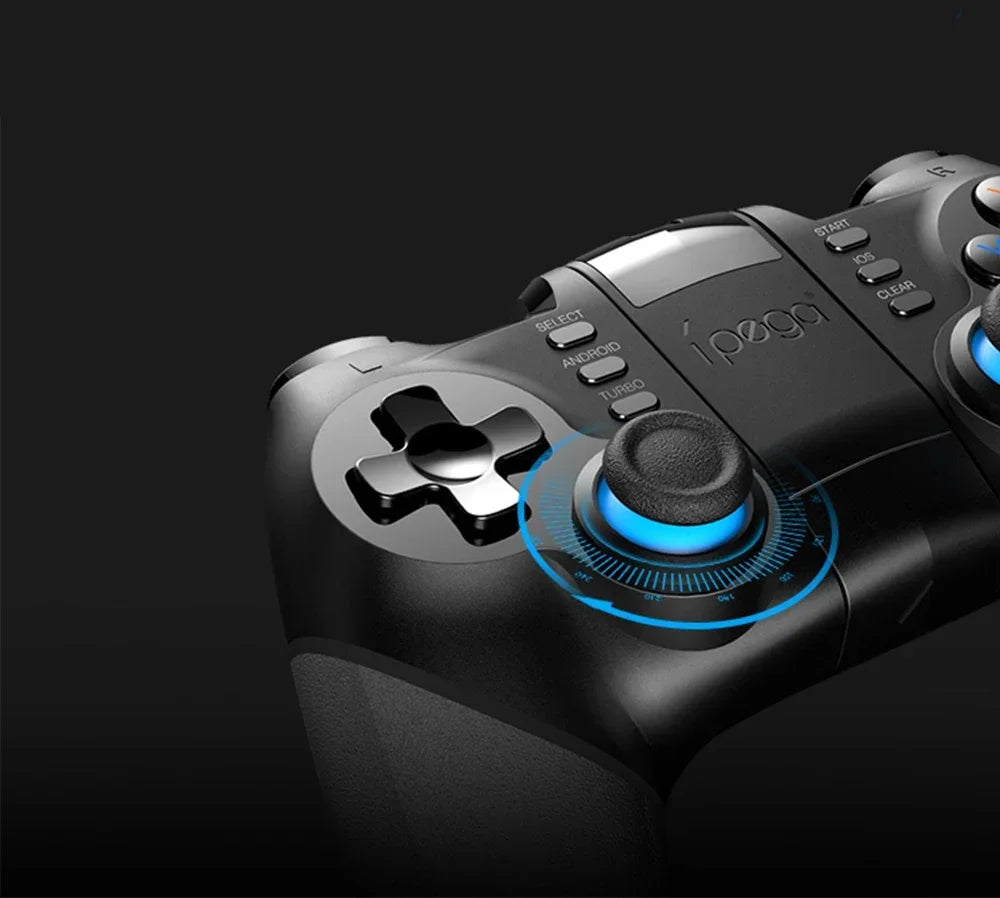 Black wireless gaming controller with blue LED lighting around the joysticks and sleek, ergonomic buttons.