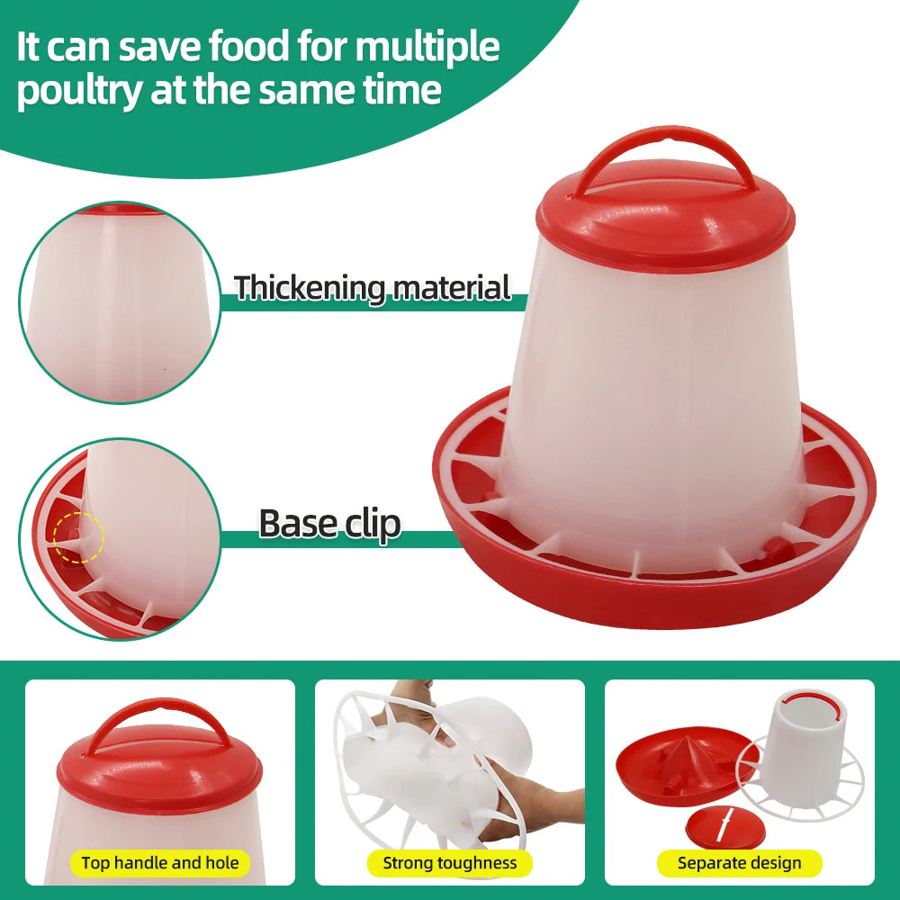 Red and white plastic poultry feeder with a top handle, removable base, and multi-opening feeding tray.