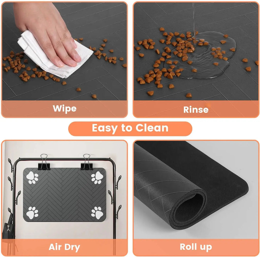 Dark grey pet food mat with a herringbone pattern and white paw prints, showing it is waterproof and easy to clean.