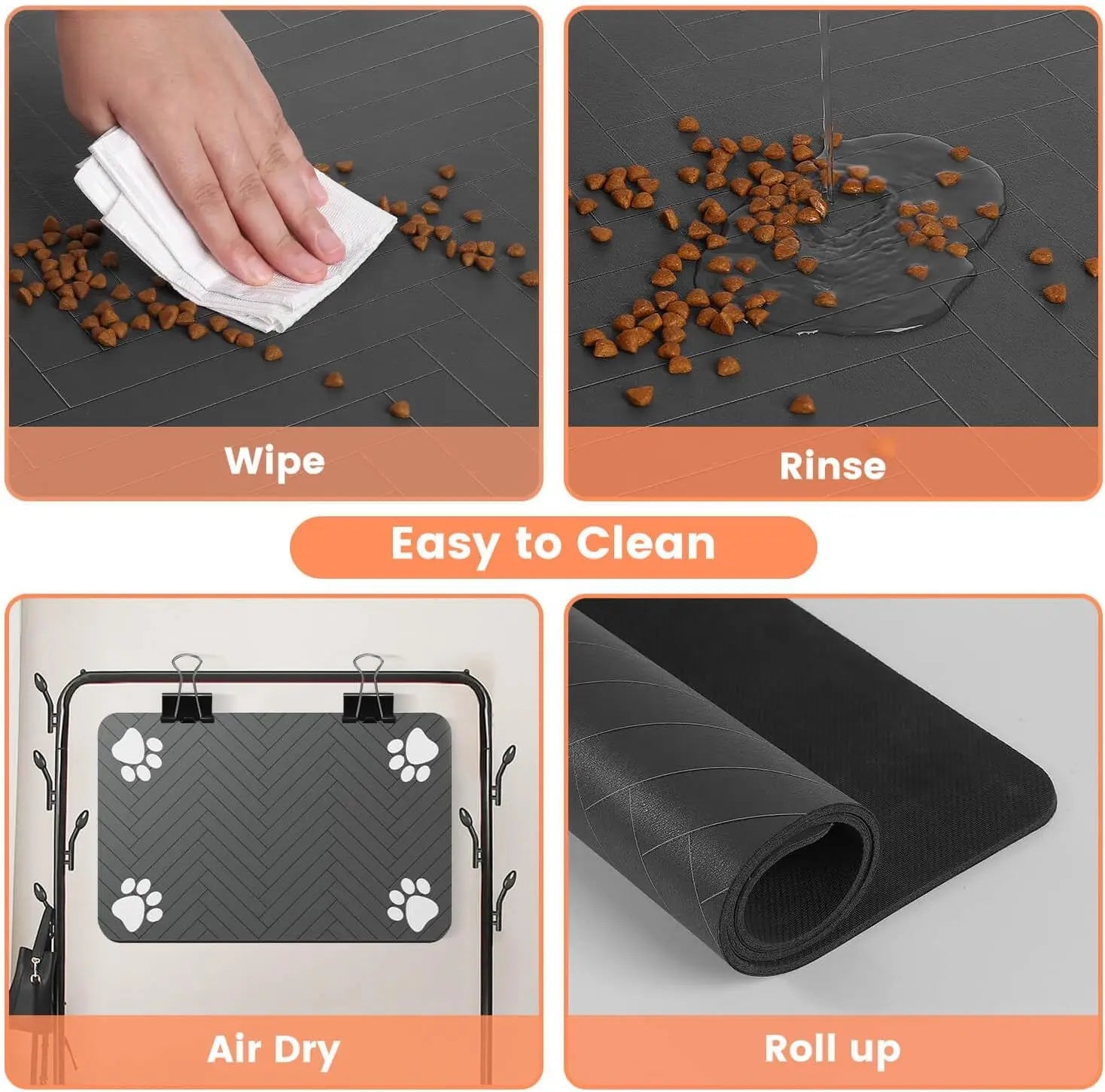 Dark grey pet food mat with a herringbone pattern and white paw prints, showing it is waterproof and easy to clean.