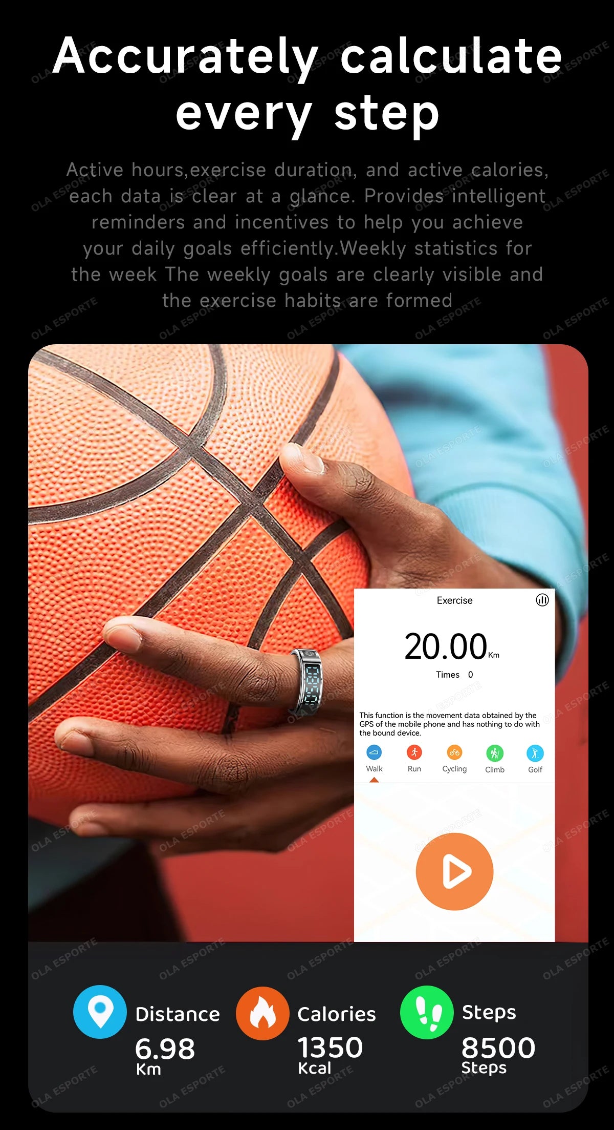 A person wearing a sleek, metallic silver smart health tracking ring while holding a basketball.