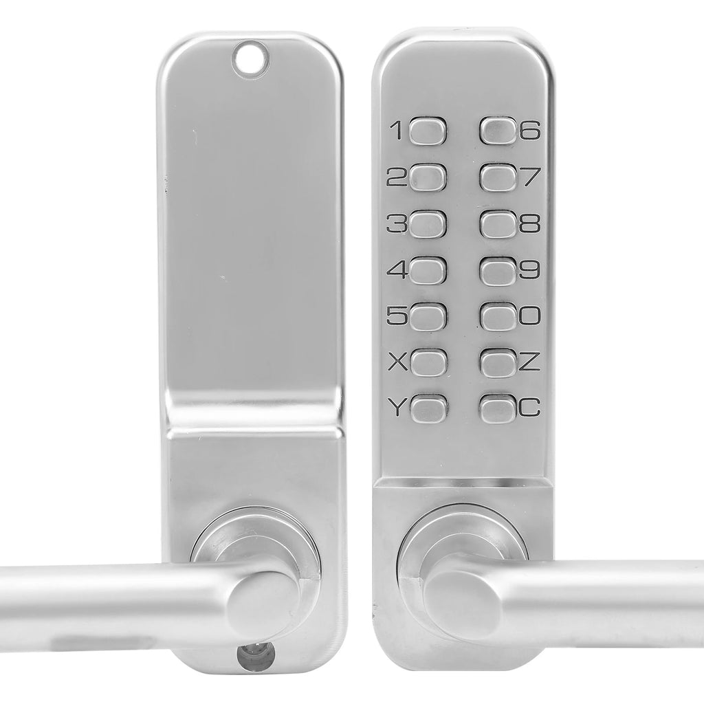 Silver metal mechanical door handle set with a push-button combination keypad lock.