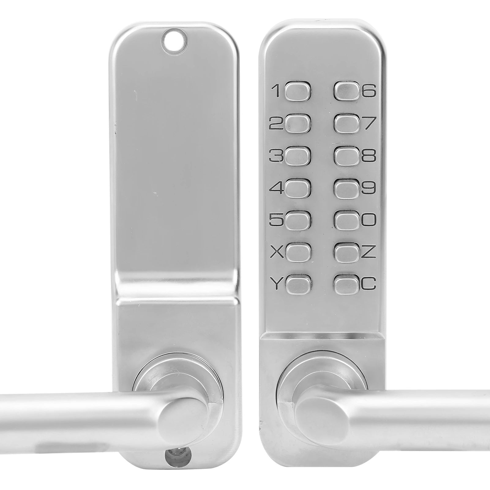 Silver metal mechanical door handle set with a push-button combination keypad lock.