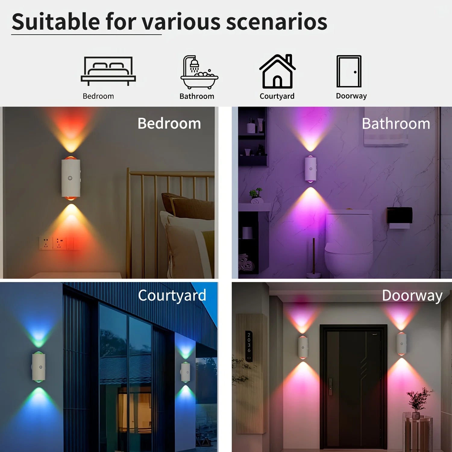 Smart motion sensor LED wall lights in white, emitting vibrant, colour-changing beams for bedrooms, bathrooms and halls.