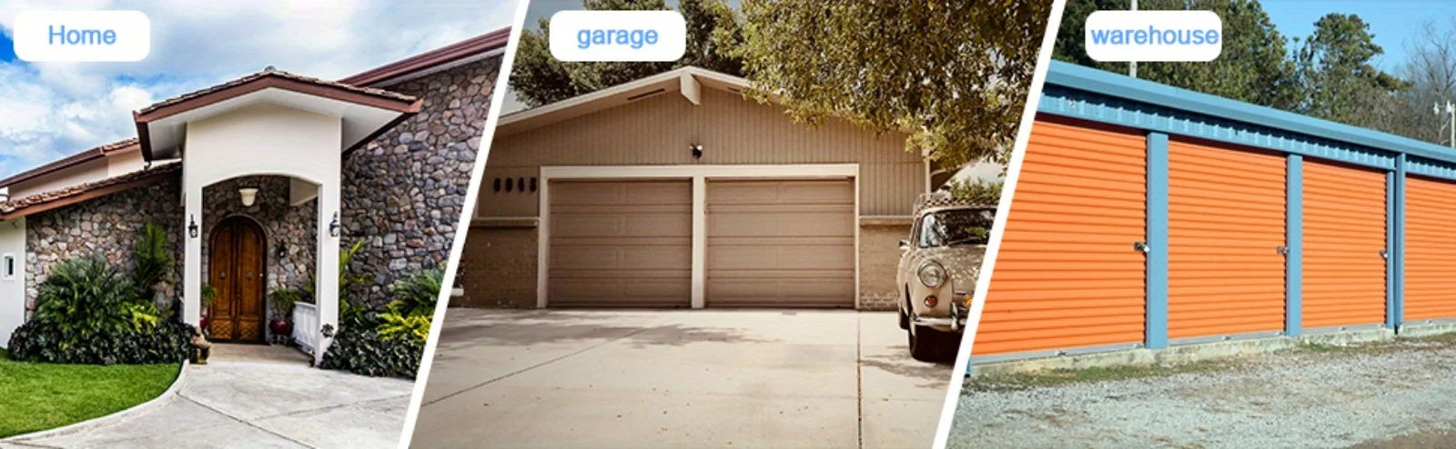 Collage showing residential stone house entrance, tan panelled garage doors, and orange metal warehouse storage units.