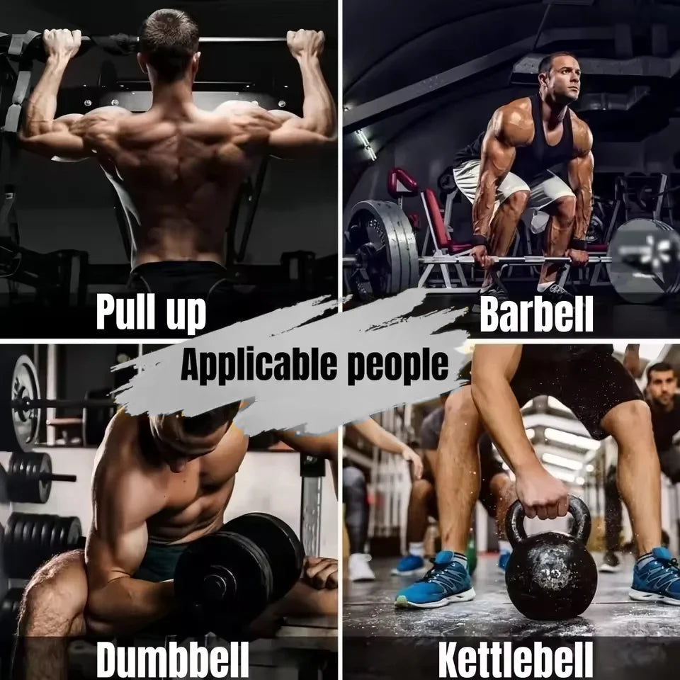 Four-panel collage showing muscular men exercising with a pull-up bar, barbell, dumbbell, and kettlebell in a gym.