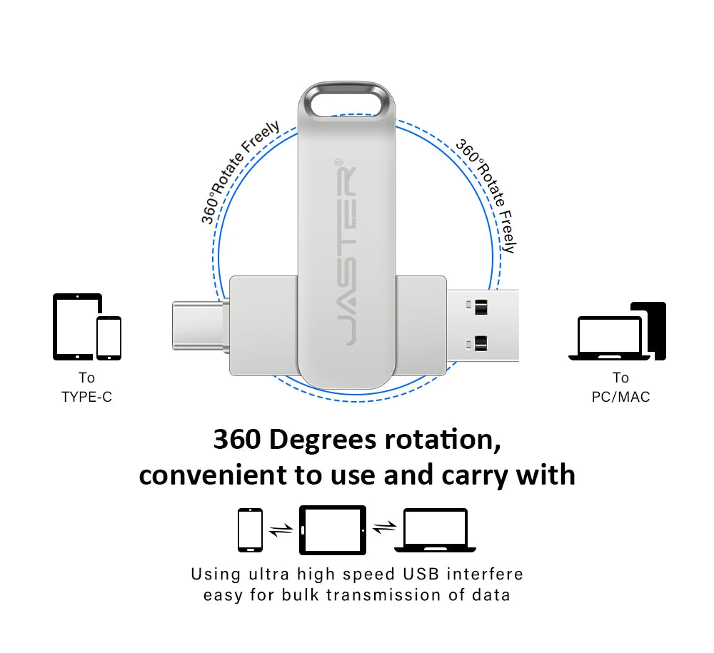 Silver 2-in-1 metal flash drive with USB-C and USB-A connectors, featuring a 360-degree rotating swivel design.