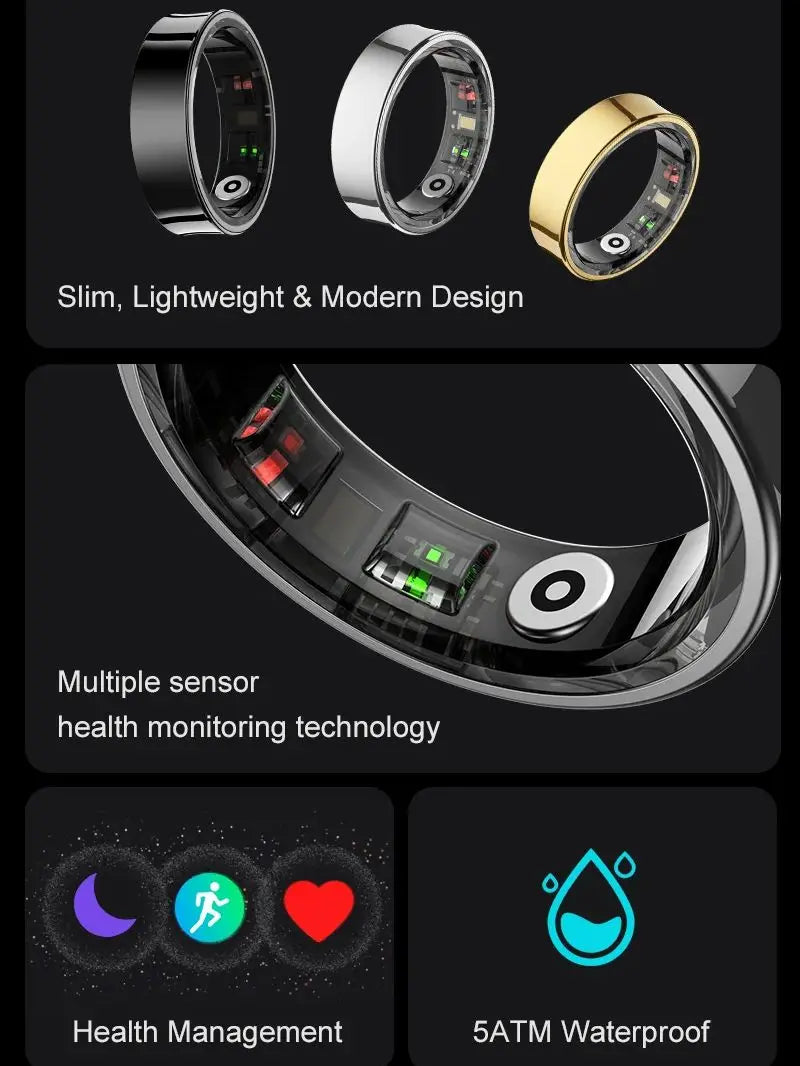 Three smart health rings in black, silver, and gold, featuring internal sensors, sleep tracking, and waterproof design.