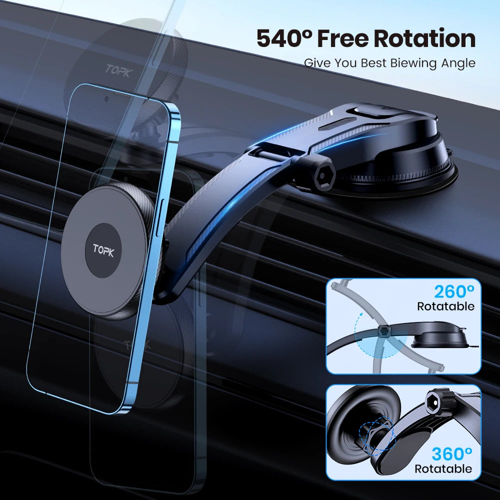 Black magnetic car phone mount with an adjustable, rotating arm attached to a dashboard suction base.
