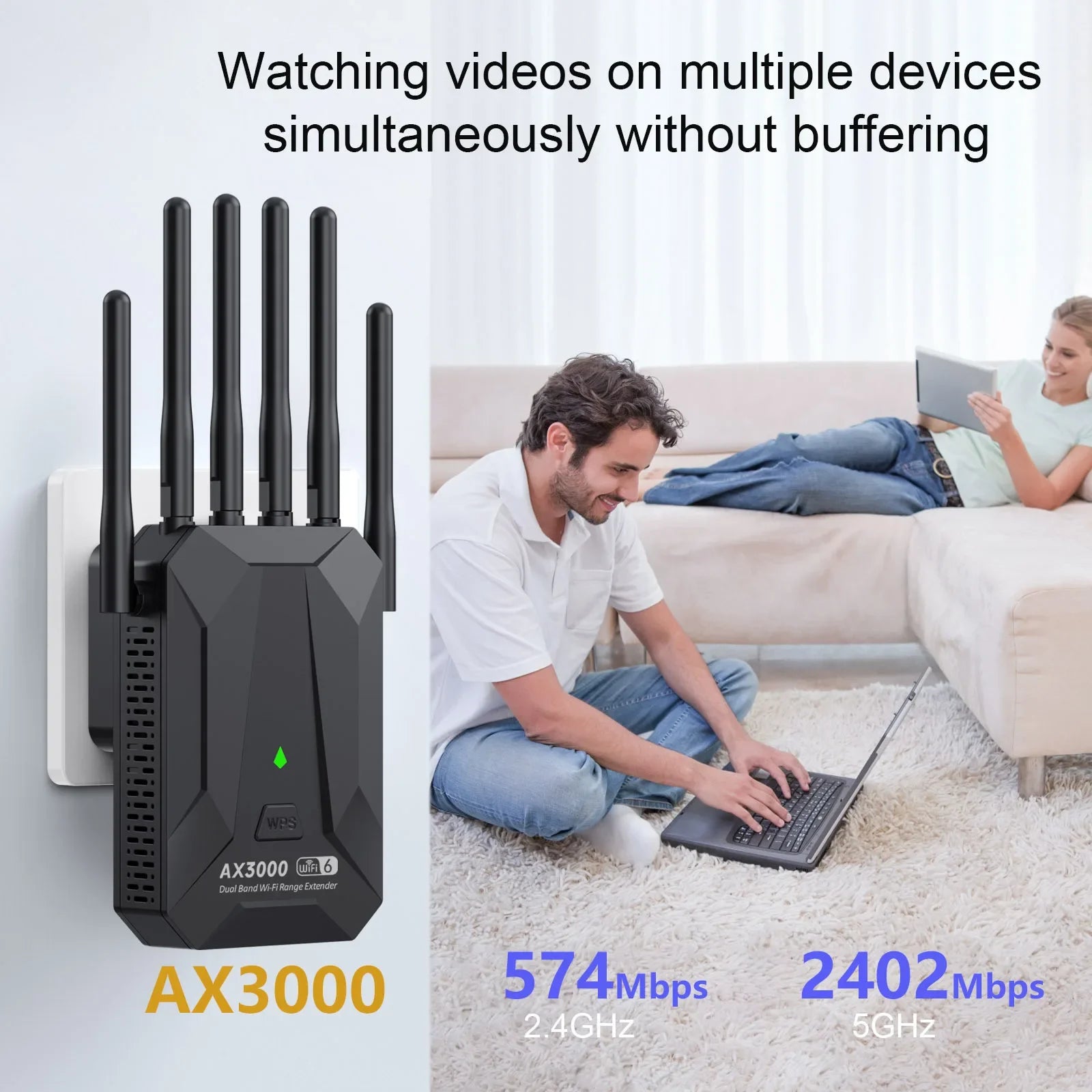 Black 3000Mbps WiFi 6 repeater with five antennas, plugged into a wall, showing a couple using devices at home.