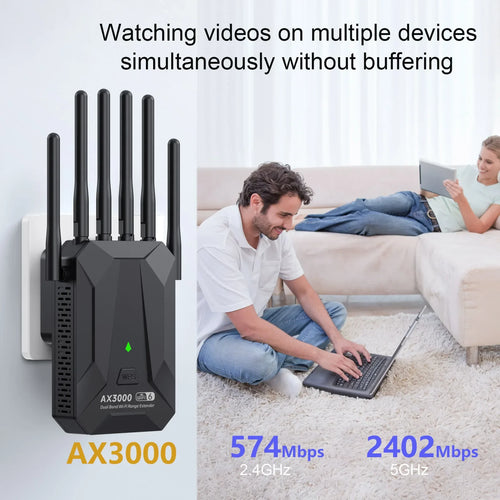 Black 3000Mbps WiFi 6 repeater with five antennas, plugged into a wall, showing a couple using devices at home.