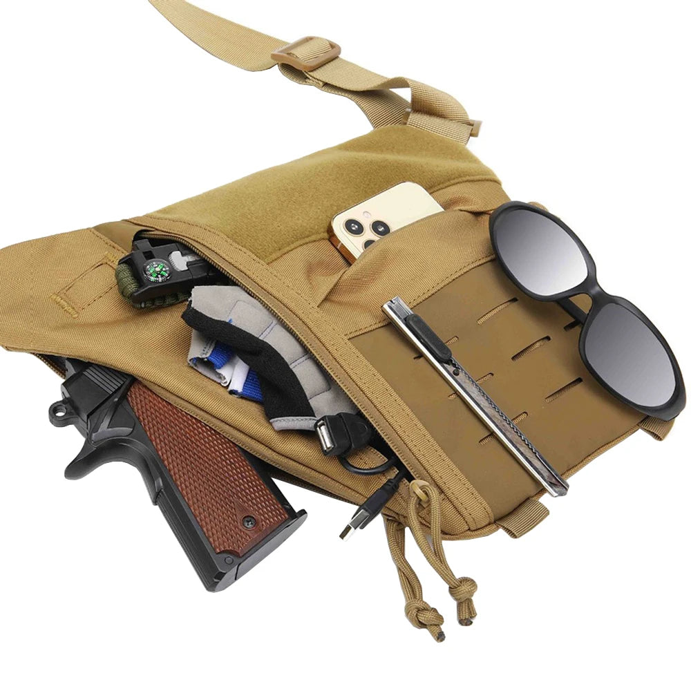 Tan tactical crossbody sling bag with multiple compartments, MOLLE webbing, and gear storage.