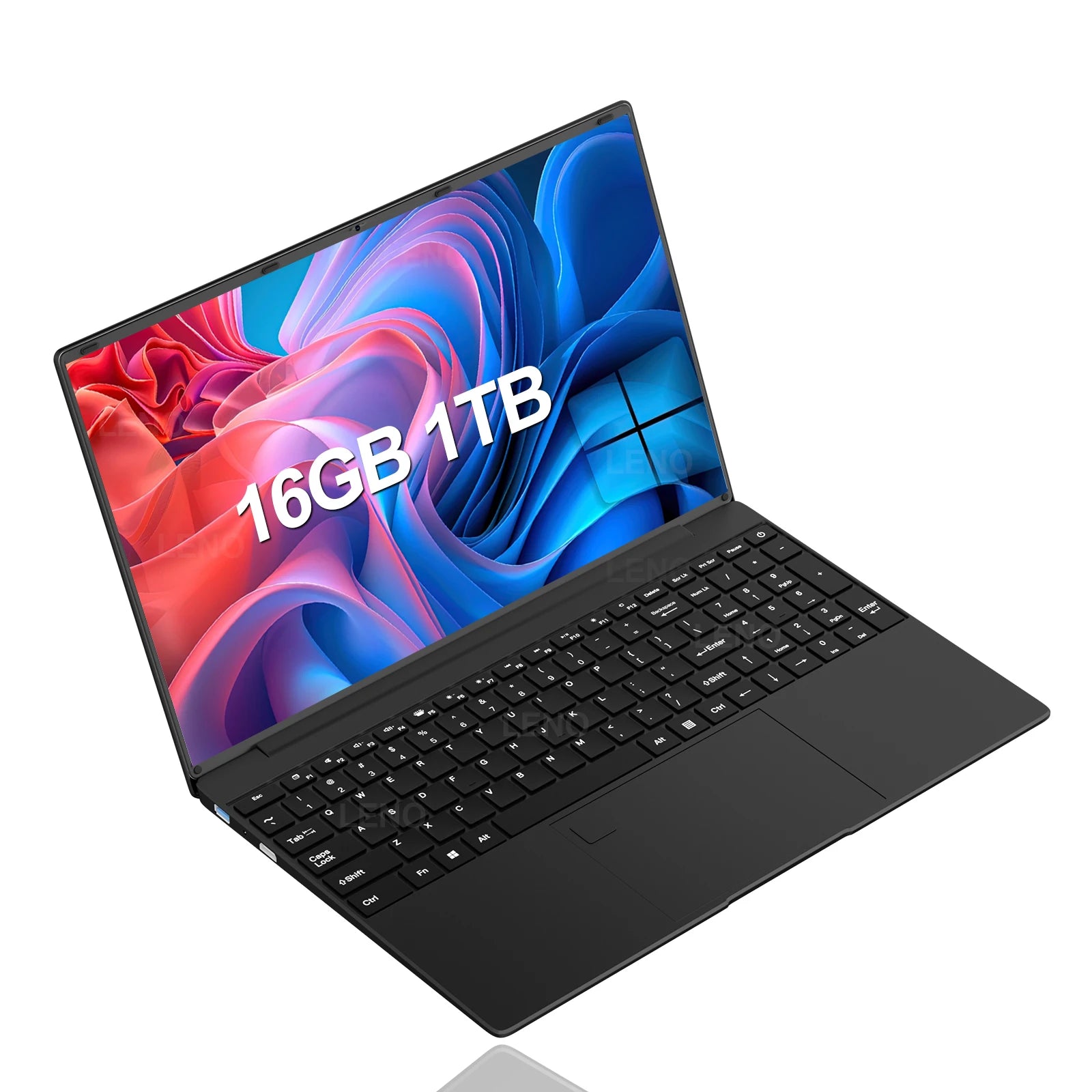 Sleek black 15.6-inch laptop with a slim bezel, full-size keyboard, and vibrant abstract Windows desktop wallpaper.