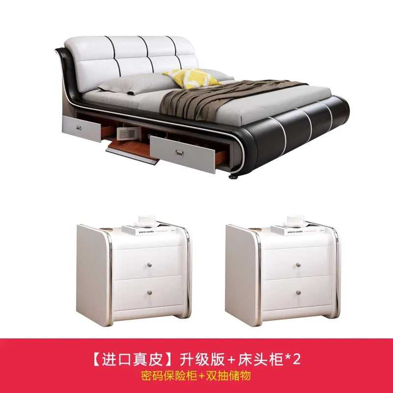 Modern cream and black leather bed frame with built-in storage drawers, a safe, and two matching bedside tables.
