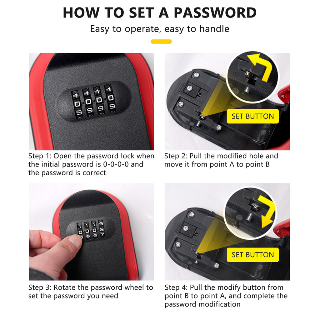 Four-step instructional guide on setting the password for a black and red plastic combination padlock.