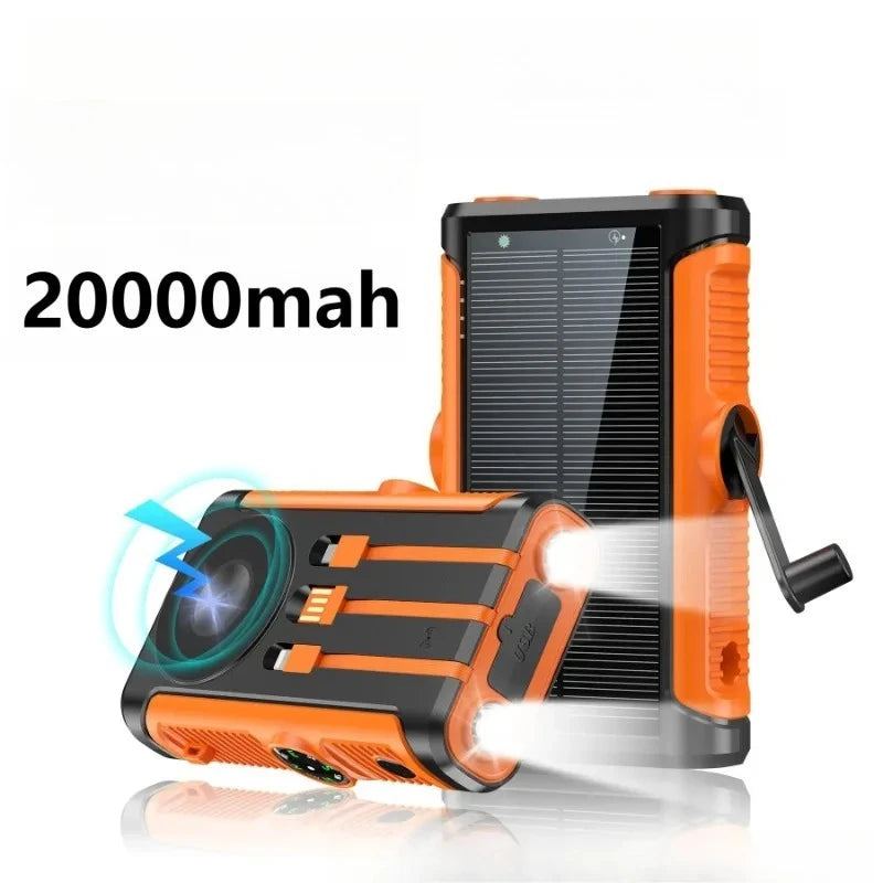 Rugged orange and black 20,000mAh solar power bank featuring magnetic wireless charging, hand crank, and dual LED torches.
