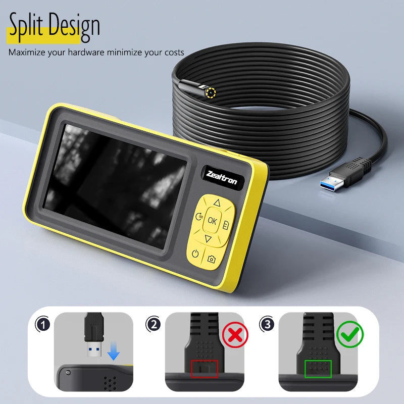 Black and yellow 4.3-inch waterproof endoscope inspection camera with a long cable and clear connection instructions.