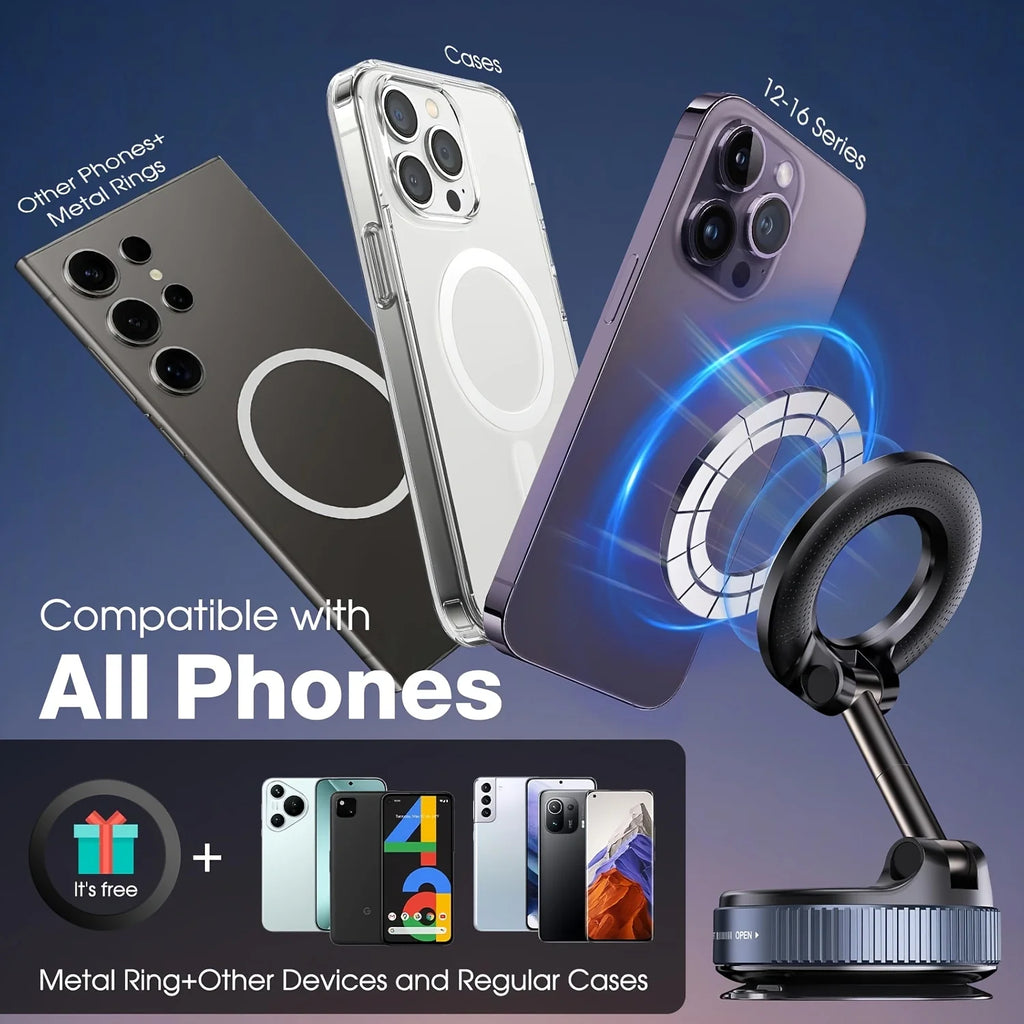 Magnetic phone mounts and clear protective cases with circular metal ring attachments for various smartphone models.