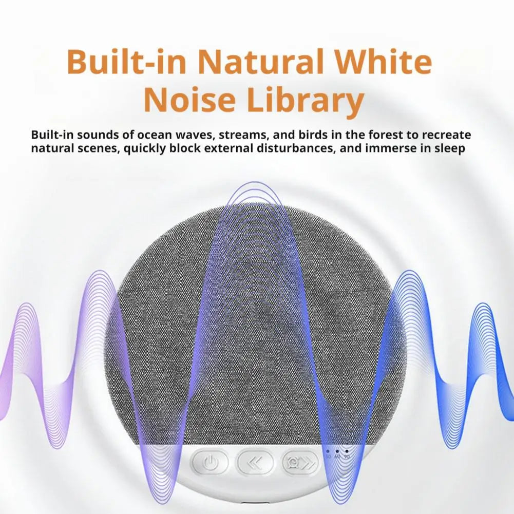 Grey, circular, wireless under-pillow speaker with control buttons and illustrated sound waves for sleep.