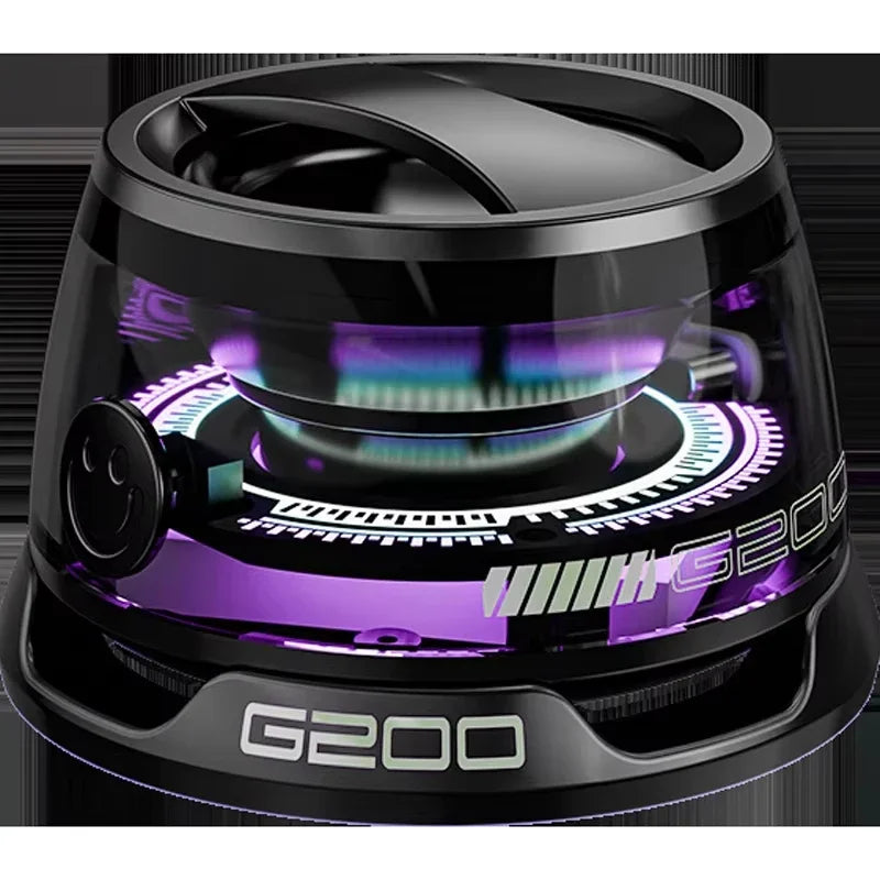 Compact black Bluetooth speaker with purple RGB lighting, built-in phone stand, and sleek, futuristic design.