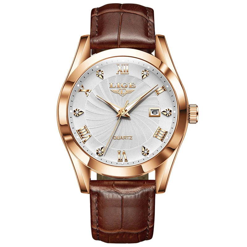 Elegant women’s quartz watch with a rose gold case, white textured dial, Roman numerals, and brown leather strap.