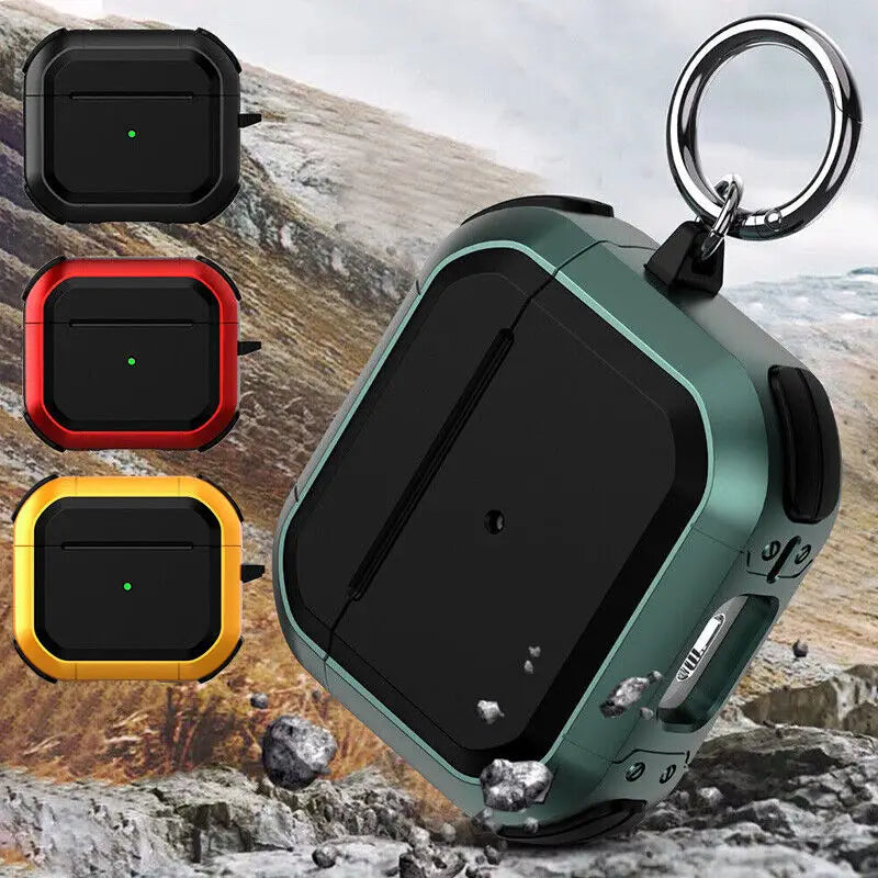 Rugged, shockproof silicone and hard shell AirPods case with keyring, available in black, red, yellow, and green.