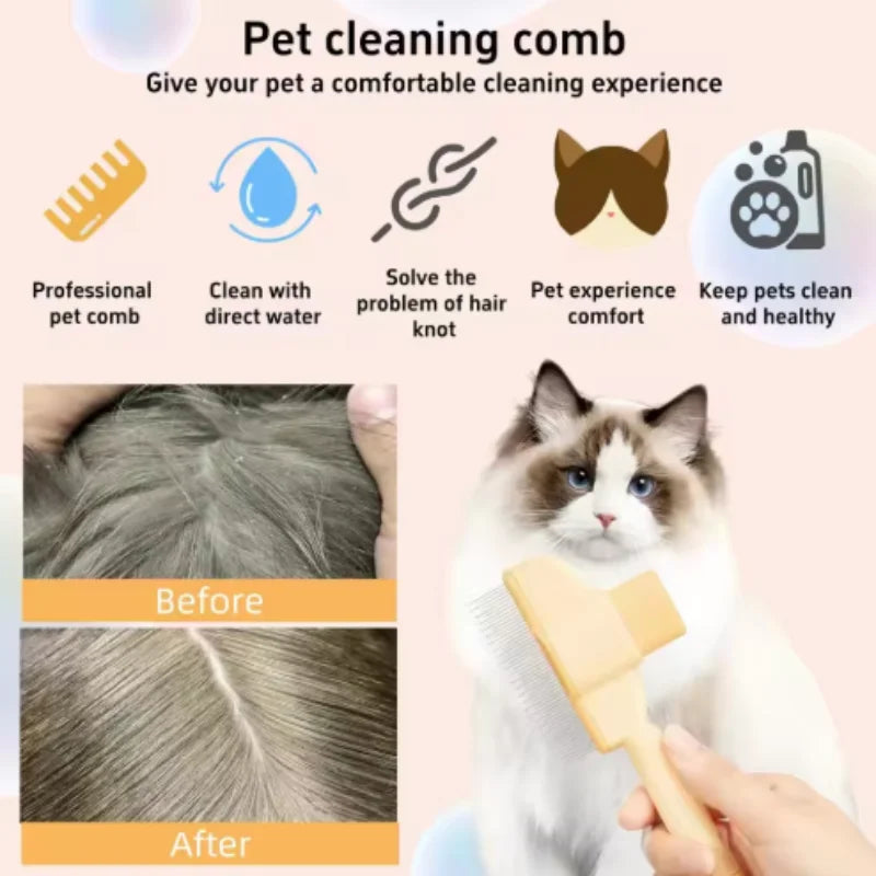 A beige pet grooming comb shown being used on a fluffy cat, with before and after results and feature icons.