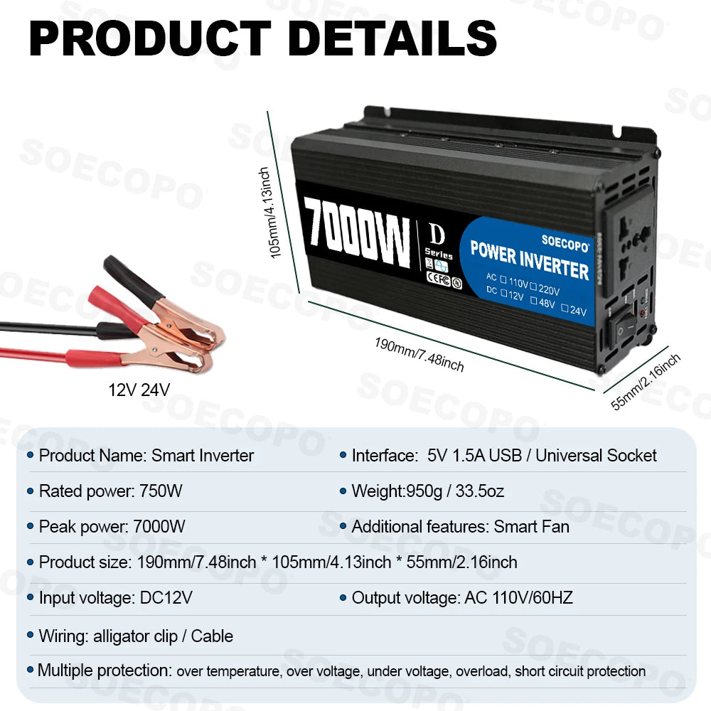 Black car power inverter with USB port, universal socket, and red and black alligator clip cables.
