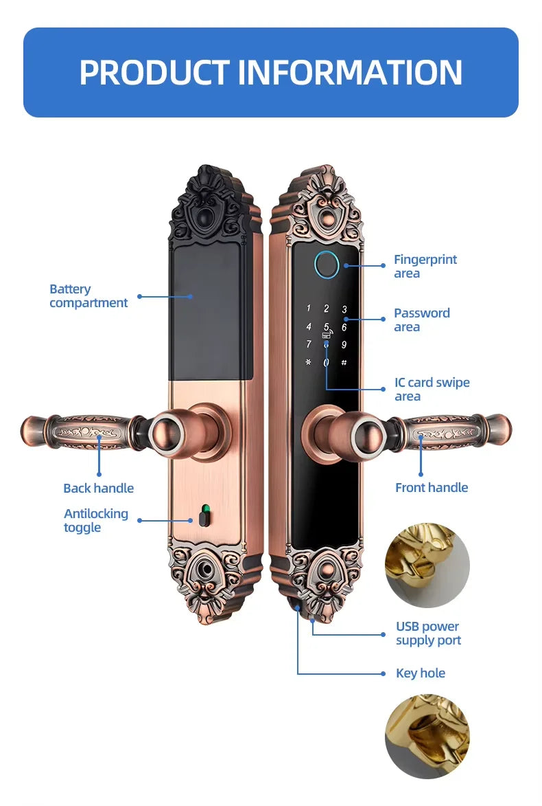 Antique copper smart door lock with keypad, fingerprint scanner, IC card reader, USB port, and manual keyhole.