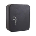 Black metal wall-mounted key storage box with a secure key lock and two keys included.