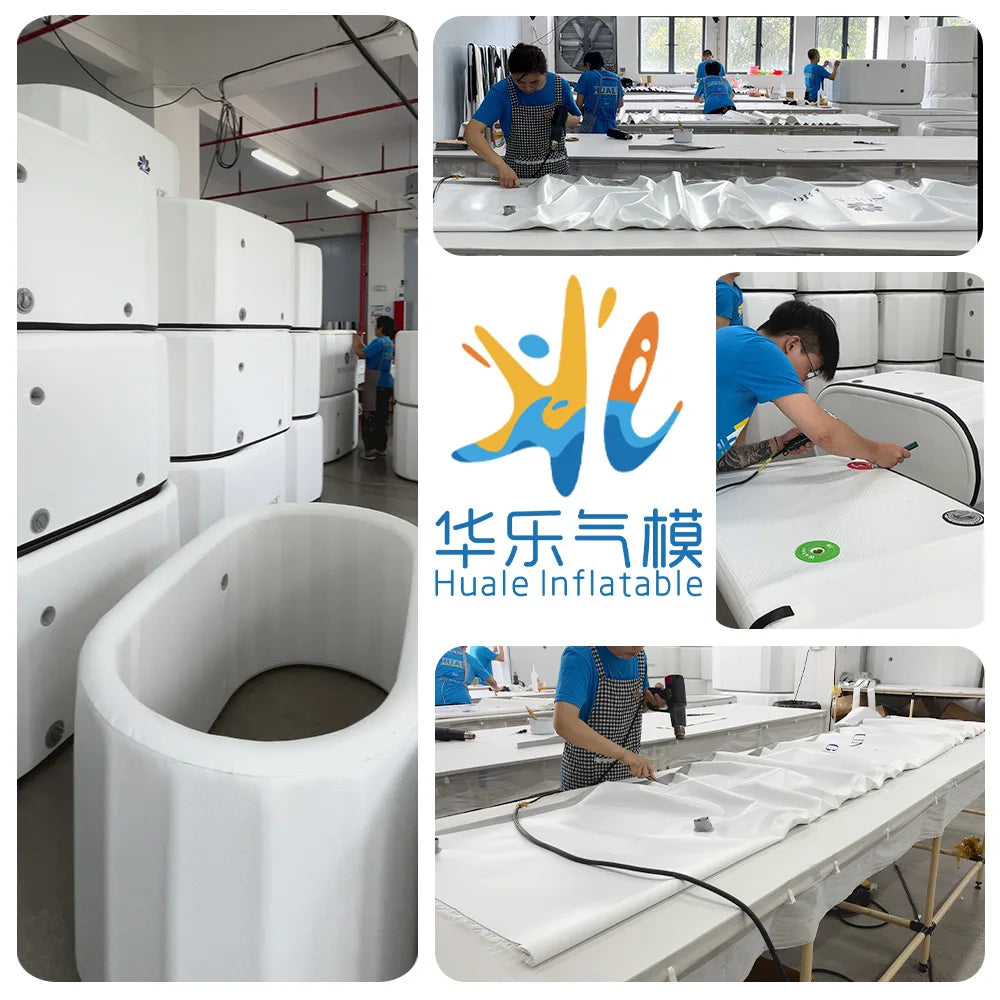 Collage of factory photos showing workers manufacturing Huale Inflatable products, including tubs and fabric materials.