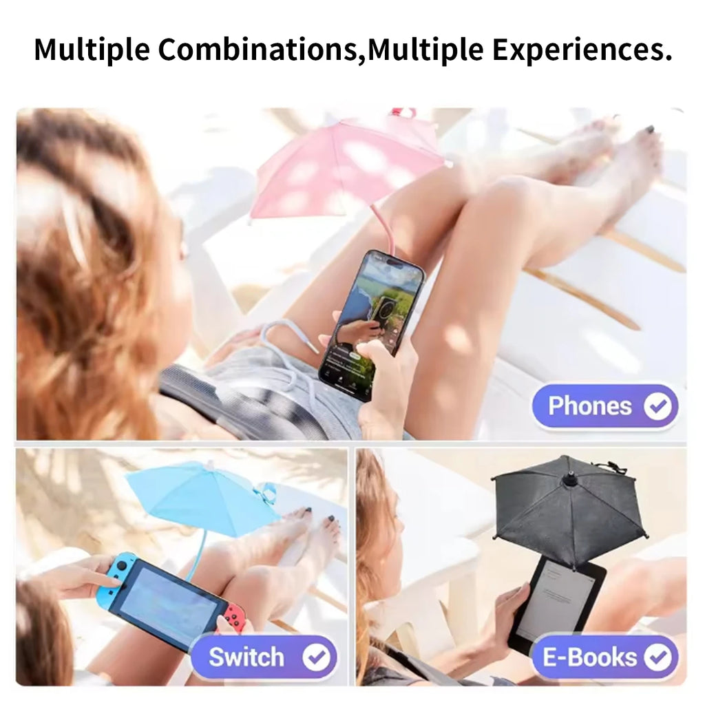 Small, portable sun umbrellas in pink, blue, and black, attachable to phones, gaming consoles, and e-readers.