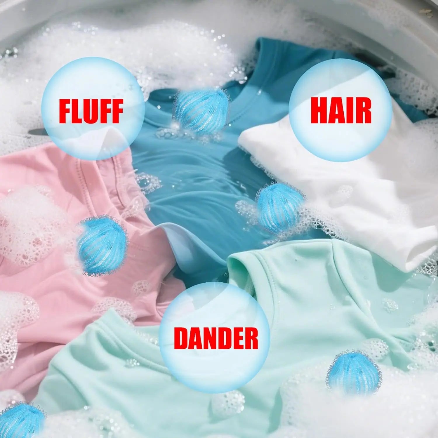 Blue mesh laundry catcher balls among soapy clothes in a washing machine, highlighting removal of fluff, hair, dander.