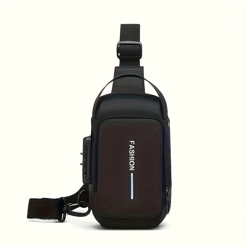 Black anti-theft sling bag with an adjustable strap, combination lock, and a sleek, modern design.
